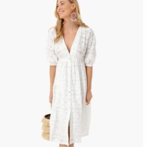 dRA Women's Sand Dollar Evelyn Midi Dress White Lace Button Front Puff Sleeve L